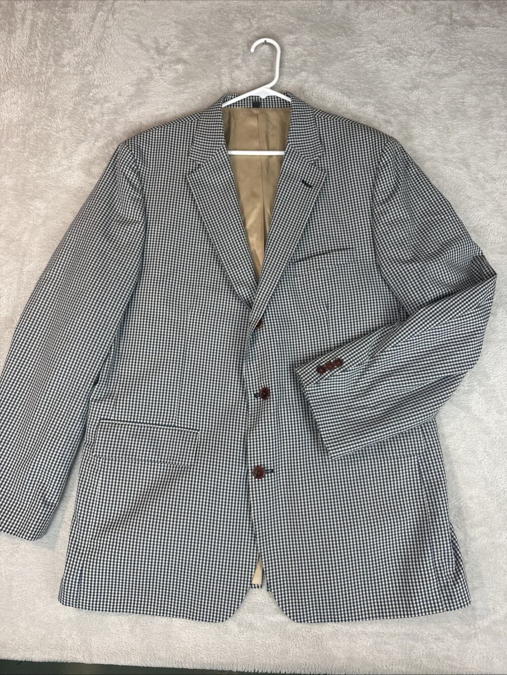 ORVIS Mens Gingham Sport Coat Blazer Jacket Blue Tan 46 L Coastal Career Preppy